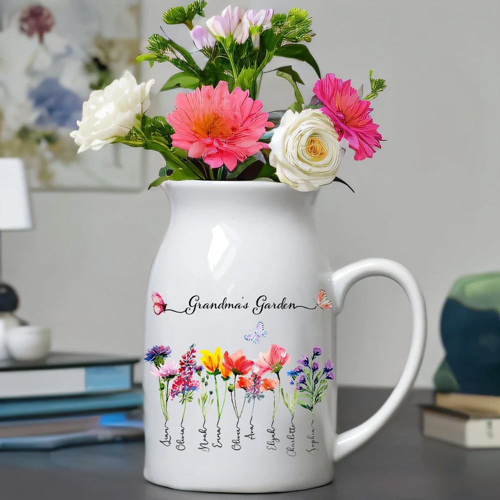 Custom Birth Flower Grandma's Garden Vase with Kids Names Gift Ideas for Mum Grandma Christmas Gift