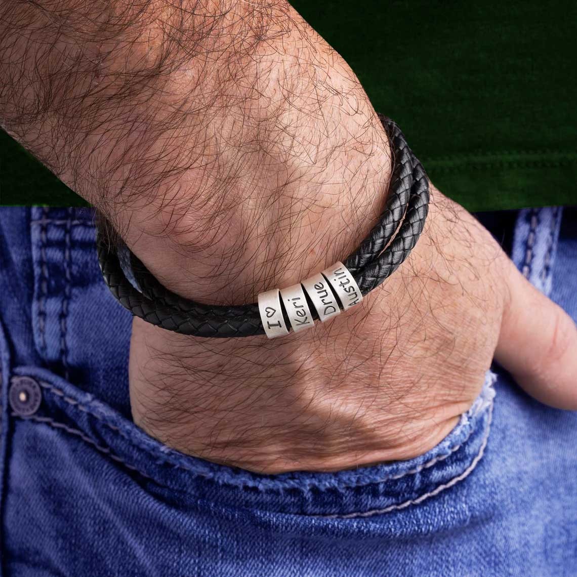 Personalised Handmade Adjustable Men Leather Bracelet With Silver Engraved Name Beads Special Gift for Dad Father's Day Gift Ideas