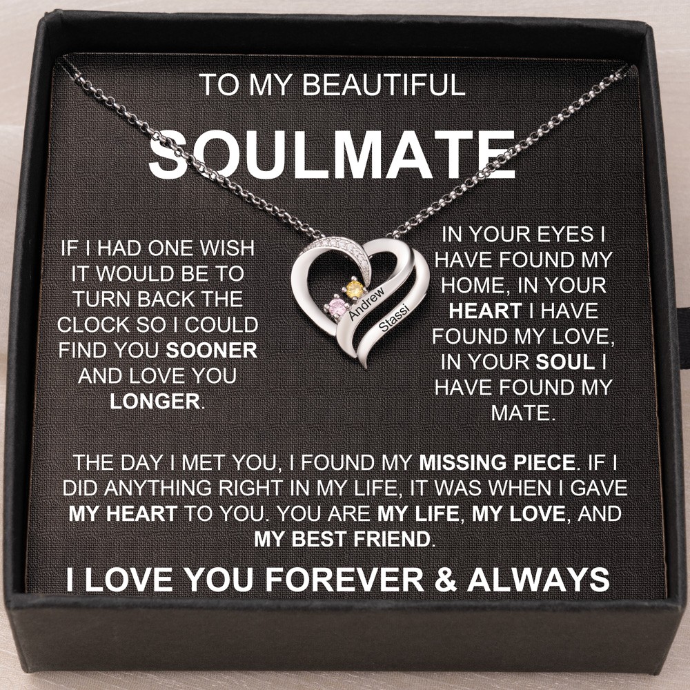 Custom To My Soulmate Heart Shaped Pendant Necklace With Couple Names And Birthstones Anniversary Day Gift For Wife Valentine's Day Gift For Girlfriend Birthday Gift For Best Friend