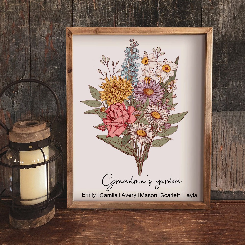 Personalised Grandma's Garden Birth Flower Bouquet Art Print Gift For Grandma Mum Wife Her