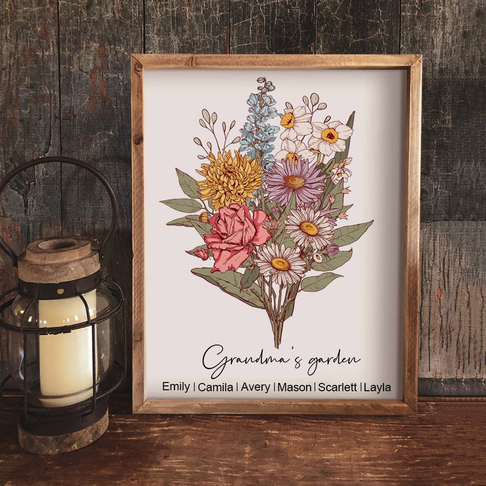 Custom Grandma's Garden Birth Flower Bouquet Art Print Unique Gift Ideas for Grandma Mum Christmas Gifts