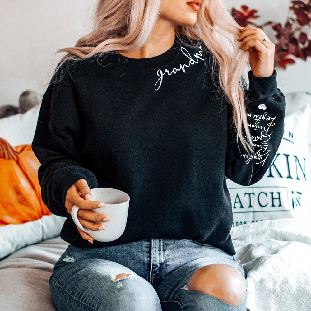 Custom Grandma Sweatshirt with Grandkids Names on Sleeve Unique Gifts for Grandma Birthday Gifts for Her