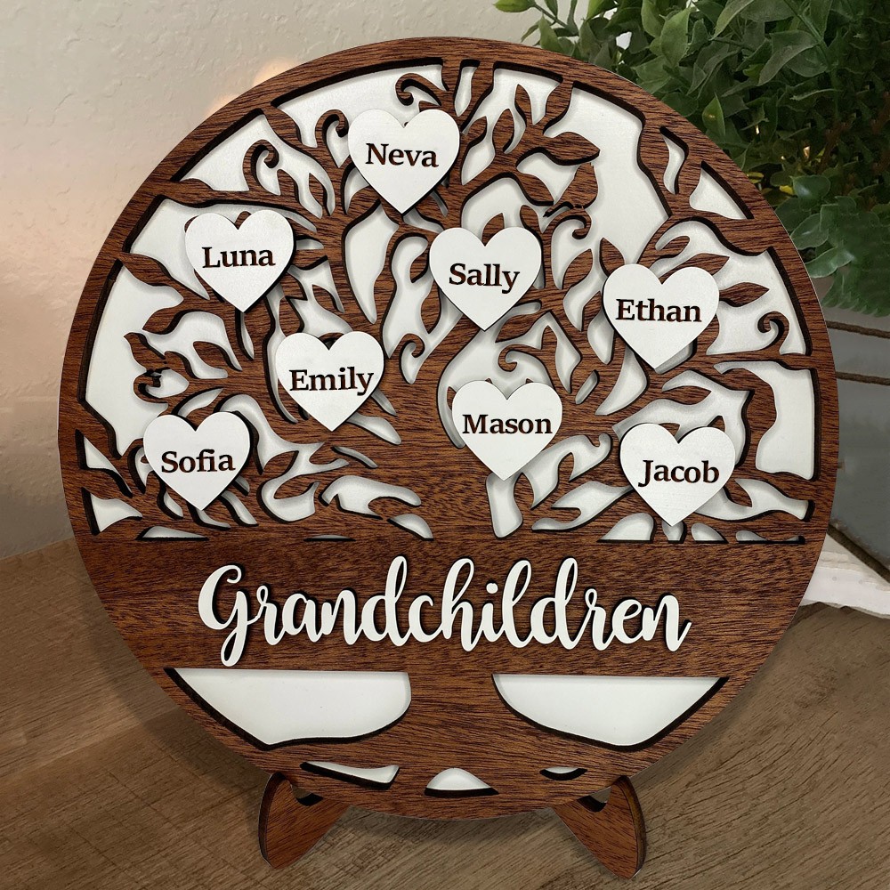 Personalised Wooden Grandparents Family Tree Sign Engraved Names in Heart Lovely Family Anniversary Gift For Mum Grandma