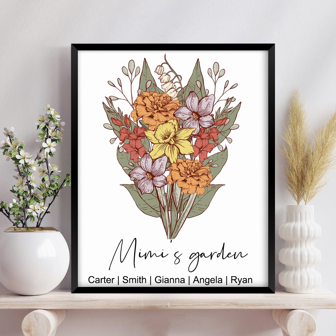 Personalised Mimi's Garden Birth Flower Bouquet Art Print Frame Gift Ideas for Mum Grandma Christmas Gifts