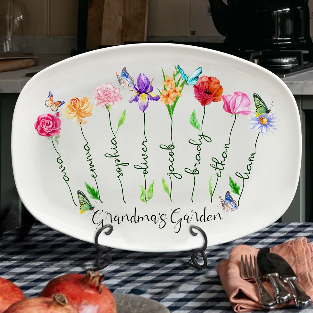 Grandma's Garden Plate with Kids Names Personalised Family Birth Flower Platter Gift Ideas for Grandma Mum