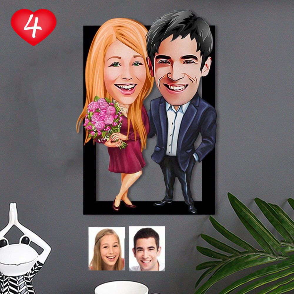 Custom Wooden Caricature Frame 1 year Anniversary Gift for Wife