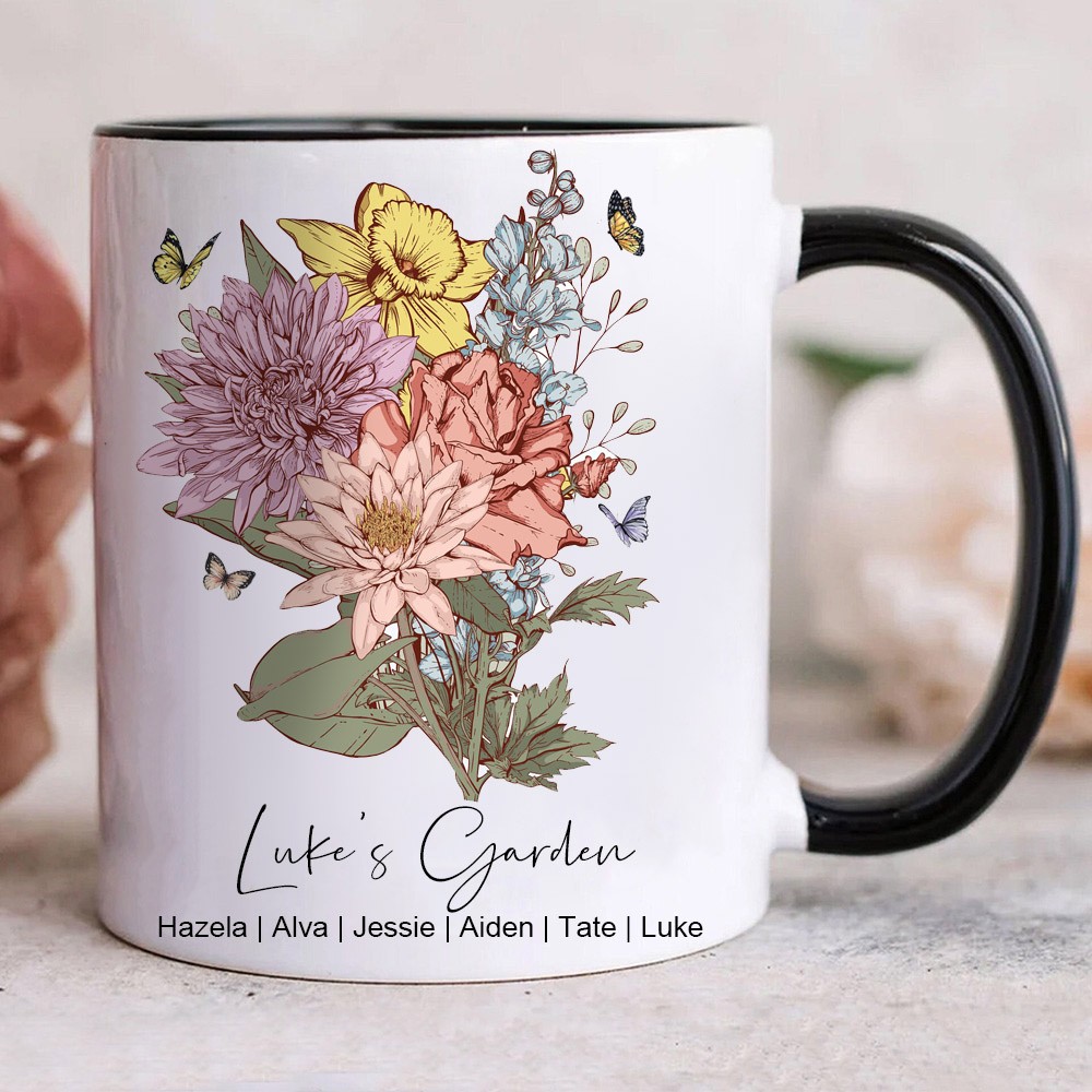 Custom Garden Birth Flower Bouquet Mug With Kids' Names Personalised Family Gift For Mum Grandma Mother's Day Gifts Ideas