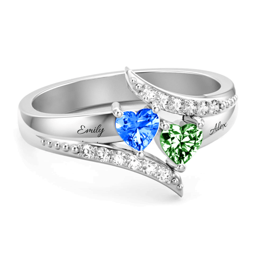 S925 Sterling Silver Personalised Double Heart Birthstone Promise Ring For Her