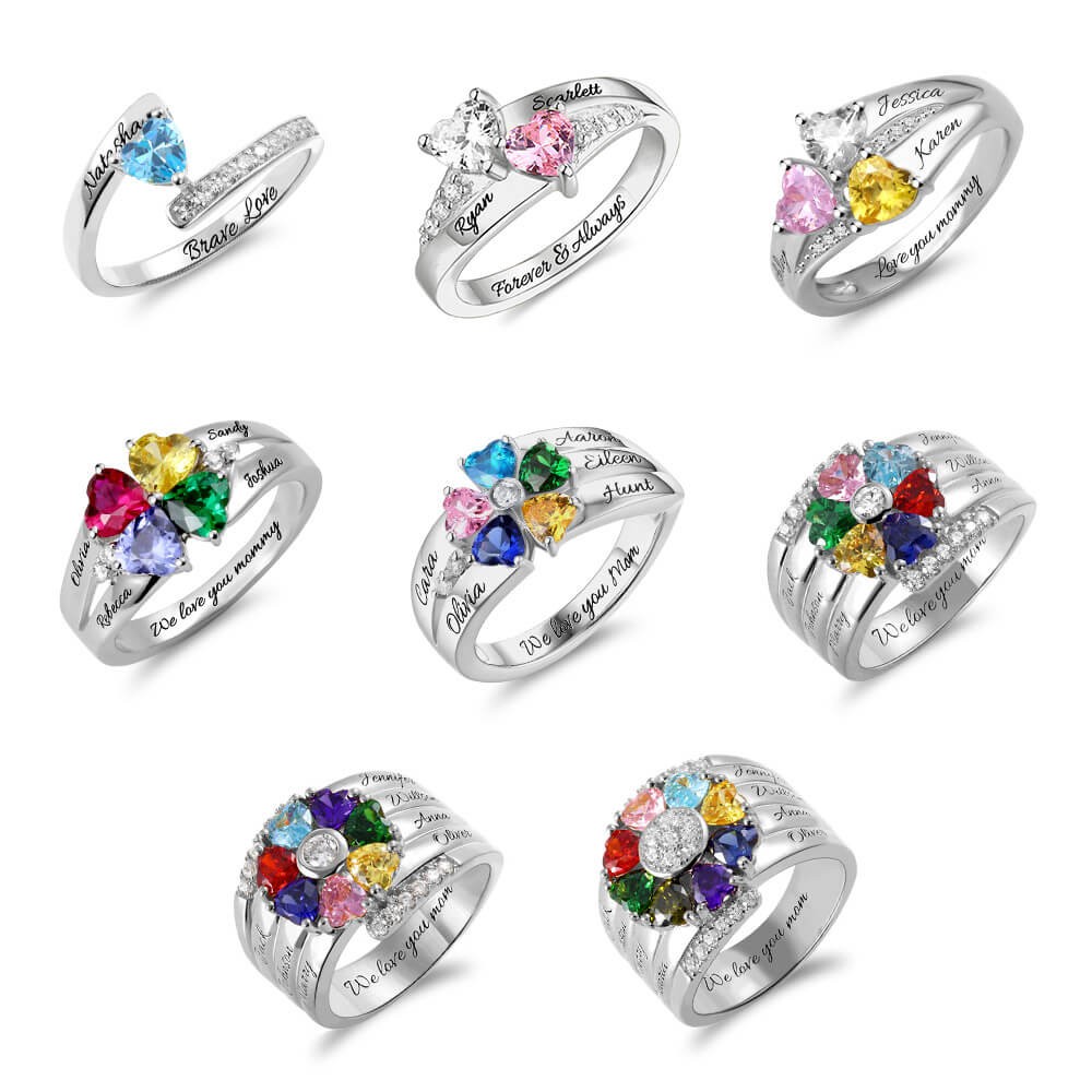 Personalised S925 Silver Engraved Heart-Shaped Birthstones Ring with 1-8 Names For Mum