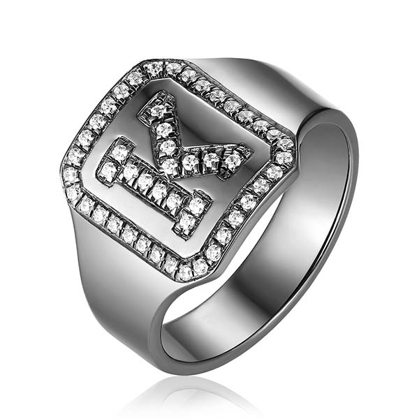 S925 Sterling Silver Personalised Black Plated CZ's Initial Ring In Sterling Silver