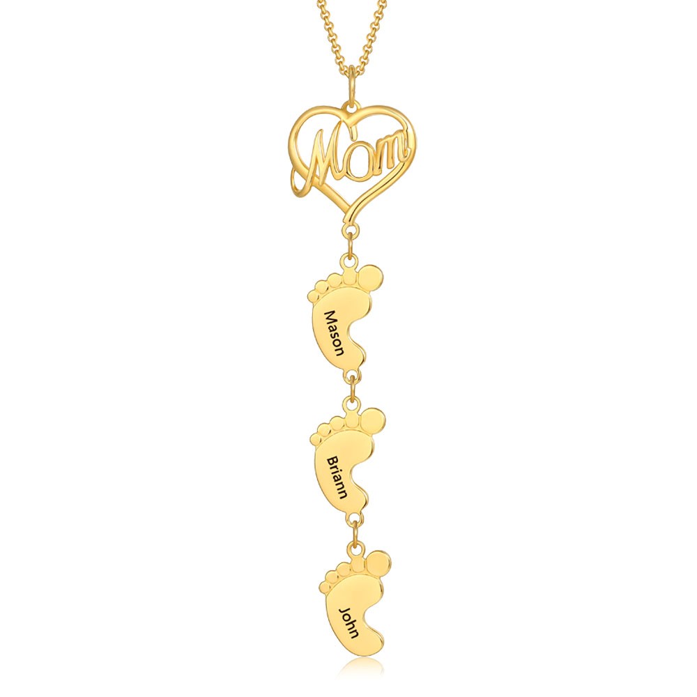 18K Gold Plating Personalised Mum Necklace With Baby Feet 1-10 Pendants