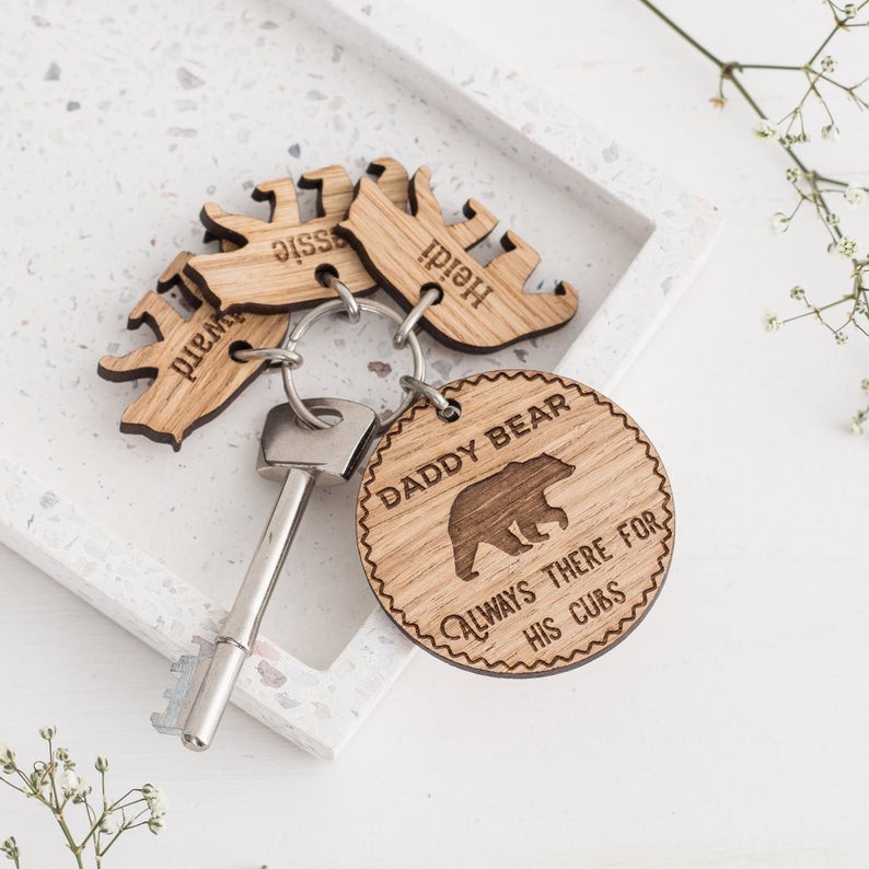 Father's Day Gift Personalised Daddy Bear Keyring with 1-10 Charms Dad Husband Grandpa