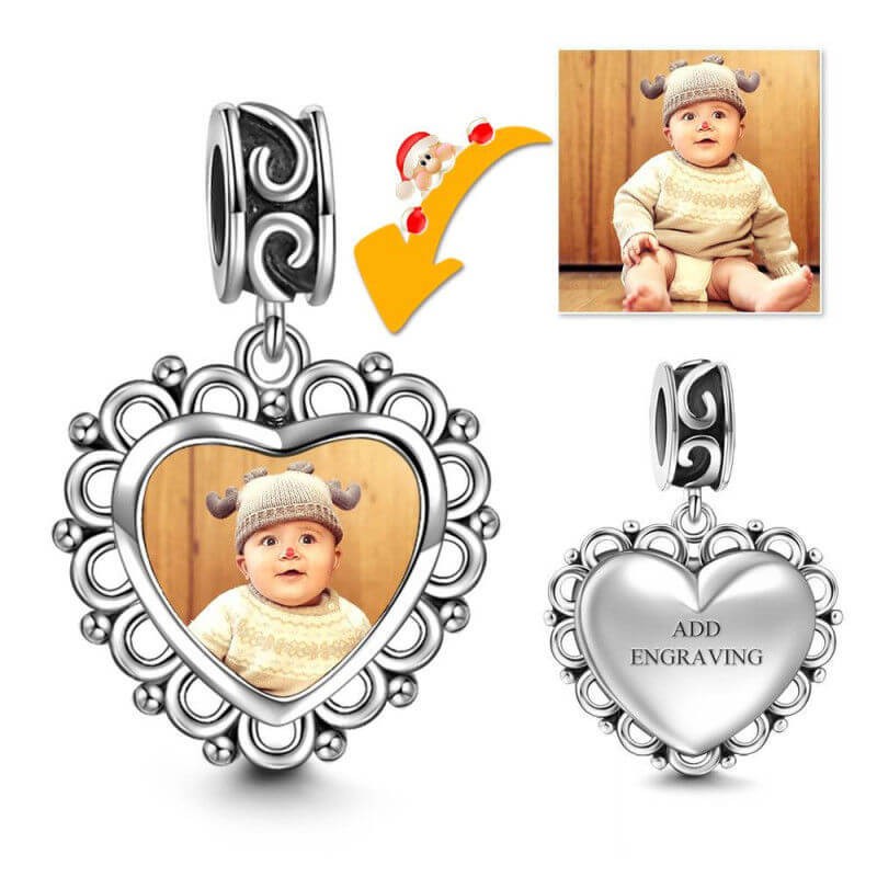 Heart Dangle Engraved Photo Charm Silver