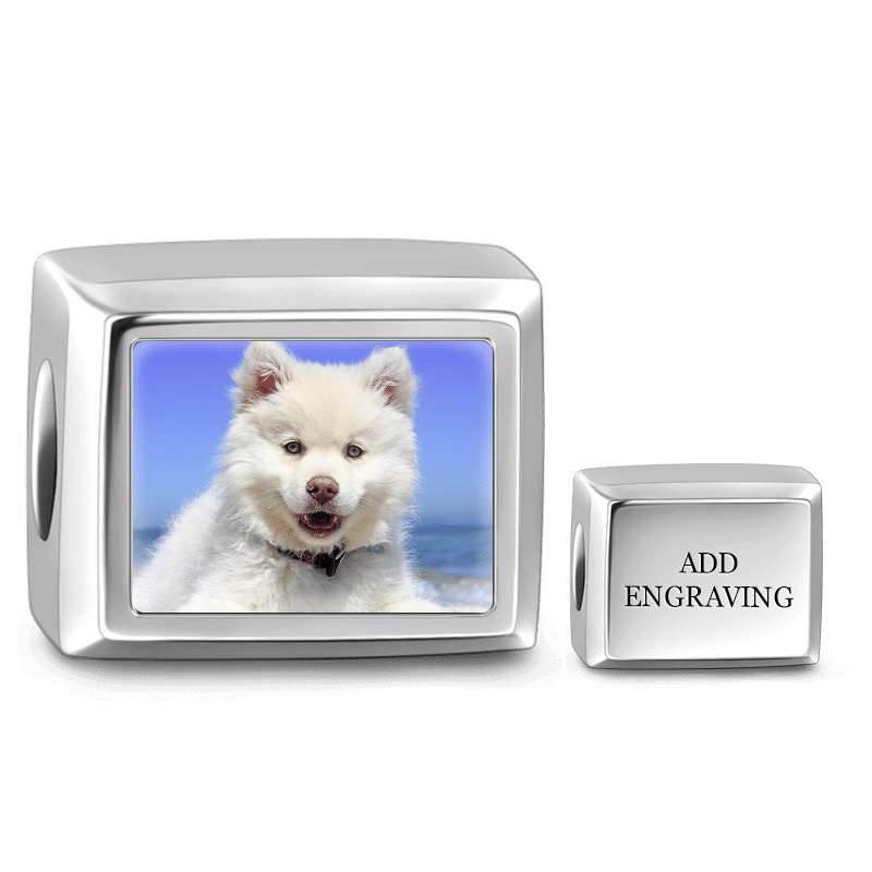 Cuboid Shaped Engraved Photo Charm Silver