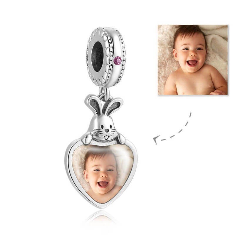 Engraved Photo Charm Heart Dangle With Swarovski Crystal Silver