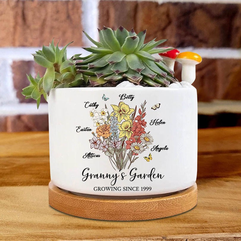 Personalised Granny's Garden Birth Month Bouquet Family Plant Pot With Names Unique Gifts For Mum Grandma Mother's Day Gift