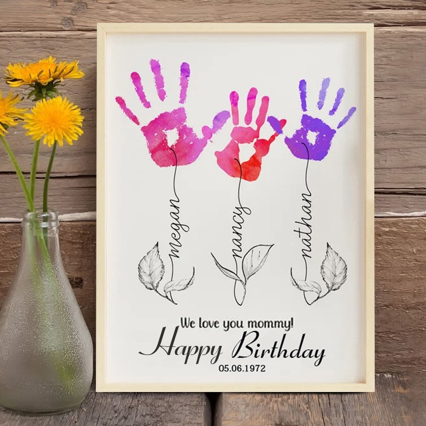 Personalised DIY Flower Handprint Frame Birthday Gift for Mum Grandma from Kids