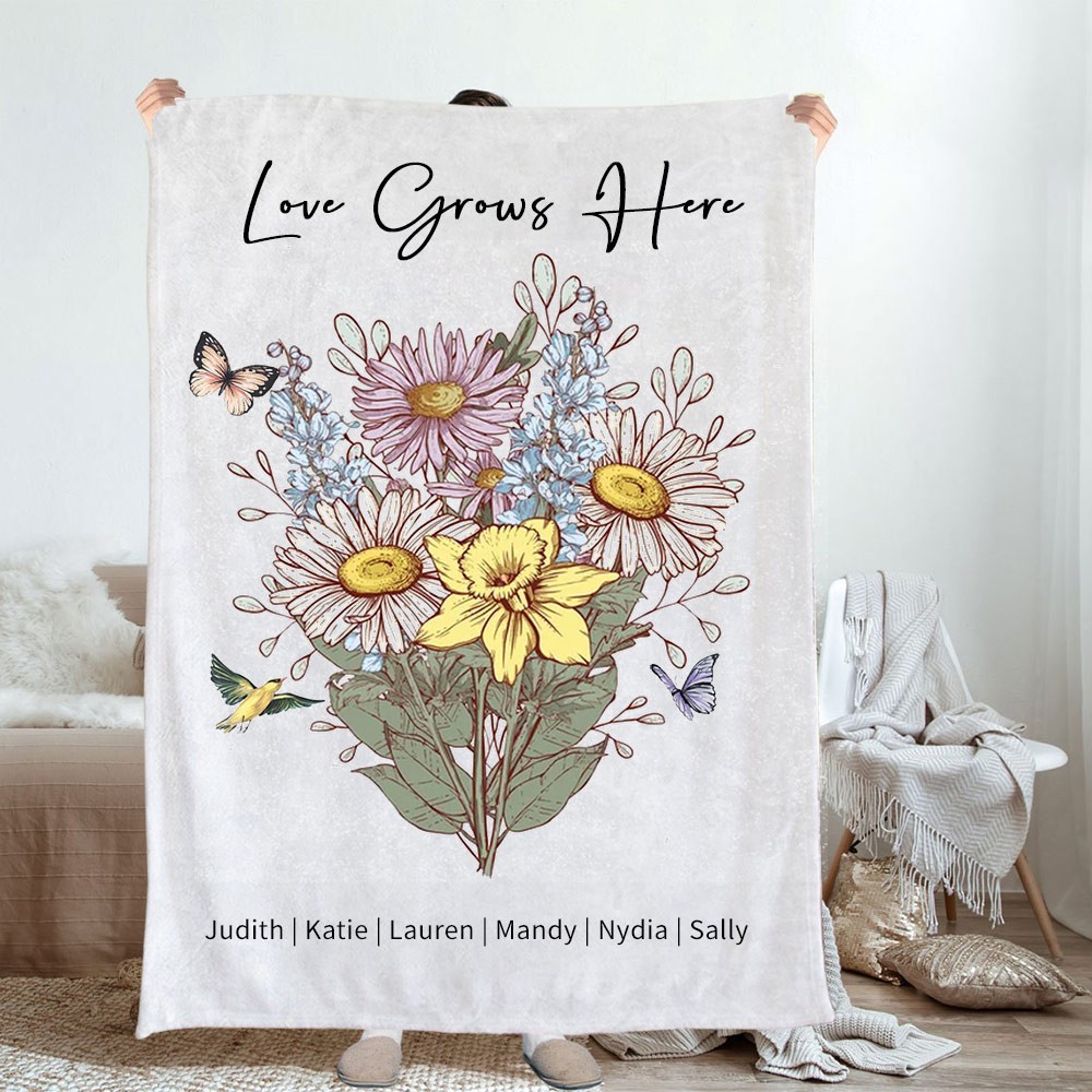 Personalised Love Grows Here Blanket With Birth Flower Bouquet Mother's Day Gift Ideas For Mum Grandma