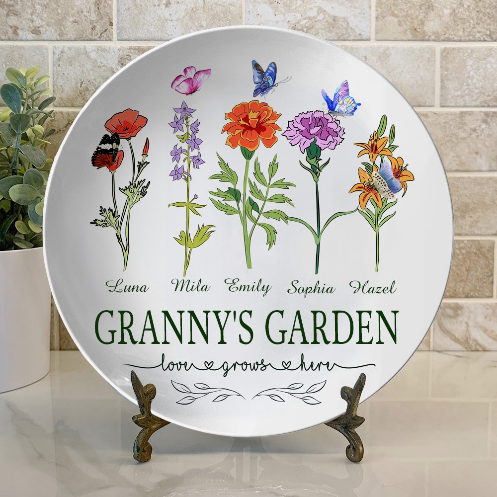 Grandma Birth Month Flower Garden Plate Personalised Family Platter Unique Gift Ideas for Mum Grandma