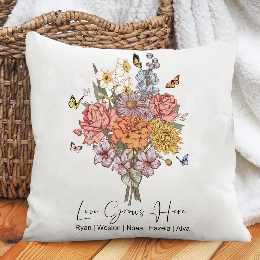 Custom Family Birth Flower Bouquet Pillow With Names Mother's Day Gifts Unique Gift Ideas for Mum Grandma