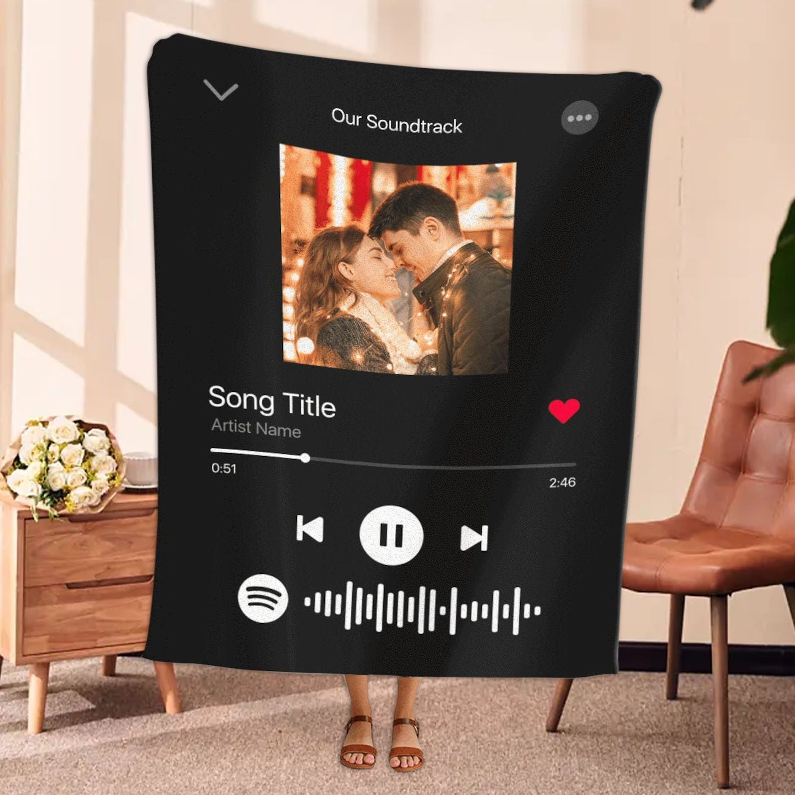 Custom Photo Fleece Blanket With Scannable Spotify Music Code Couples Gift Anniversary Gift for Her