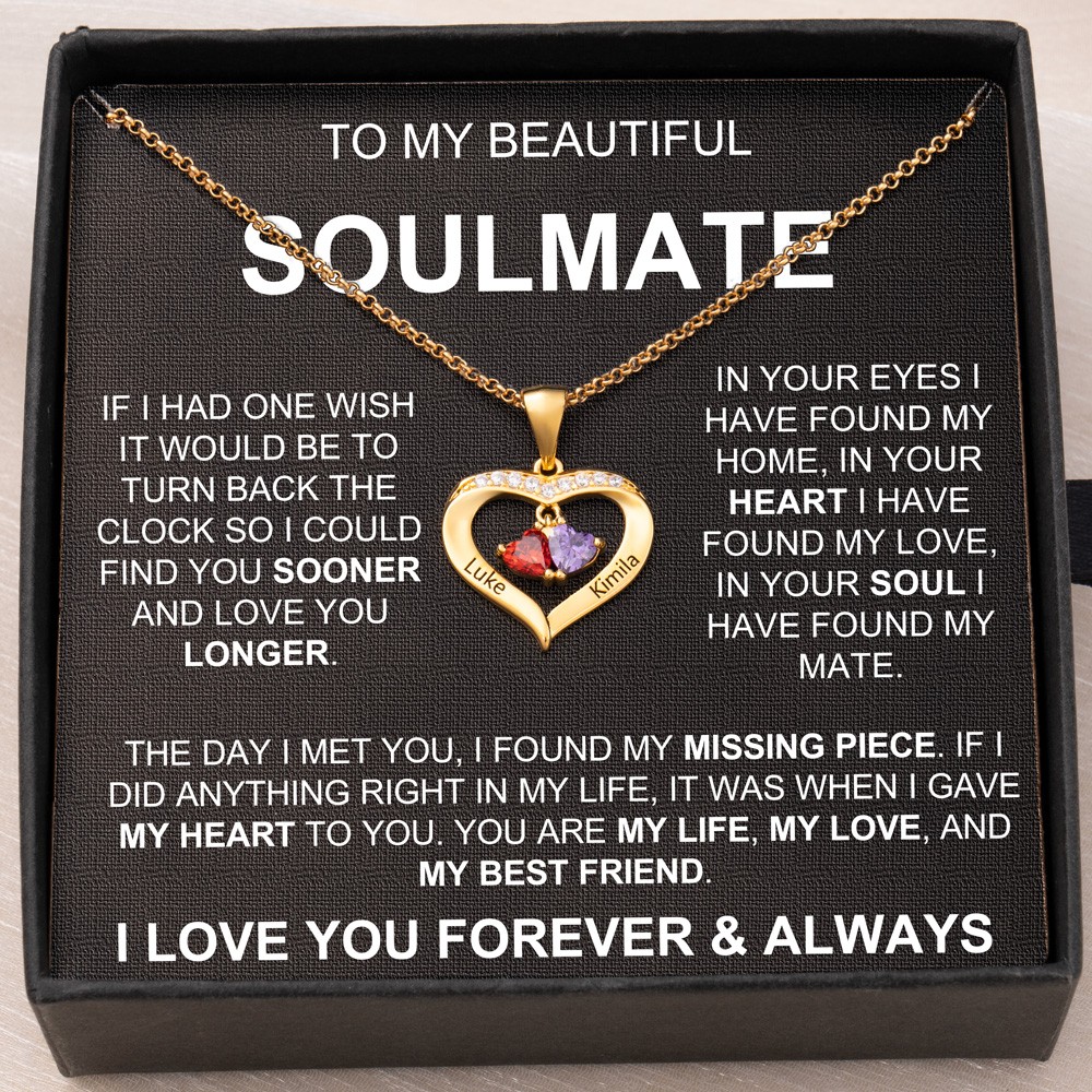 Personalised To My Soulmate 2 Names Necklace with Birthstones Gifts for Girlfriend Soulmate Anniversary GIfts for Wife Christmas Gift Ideas