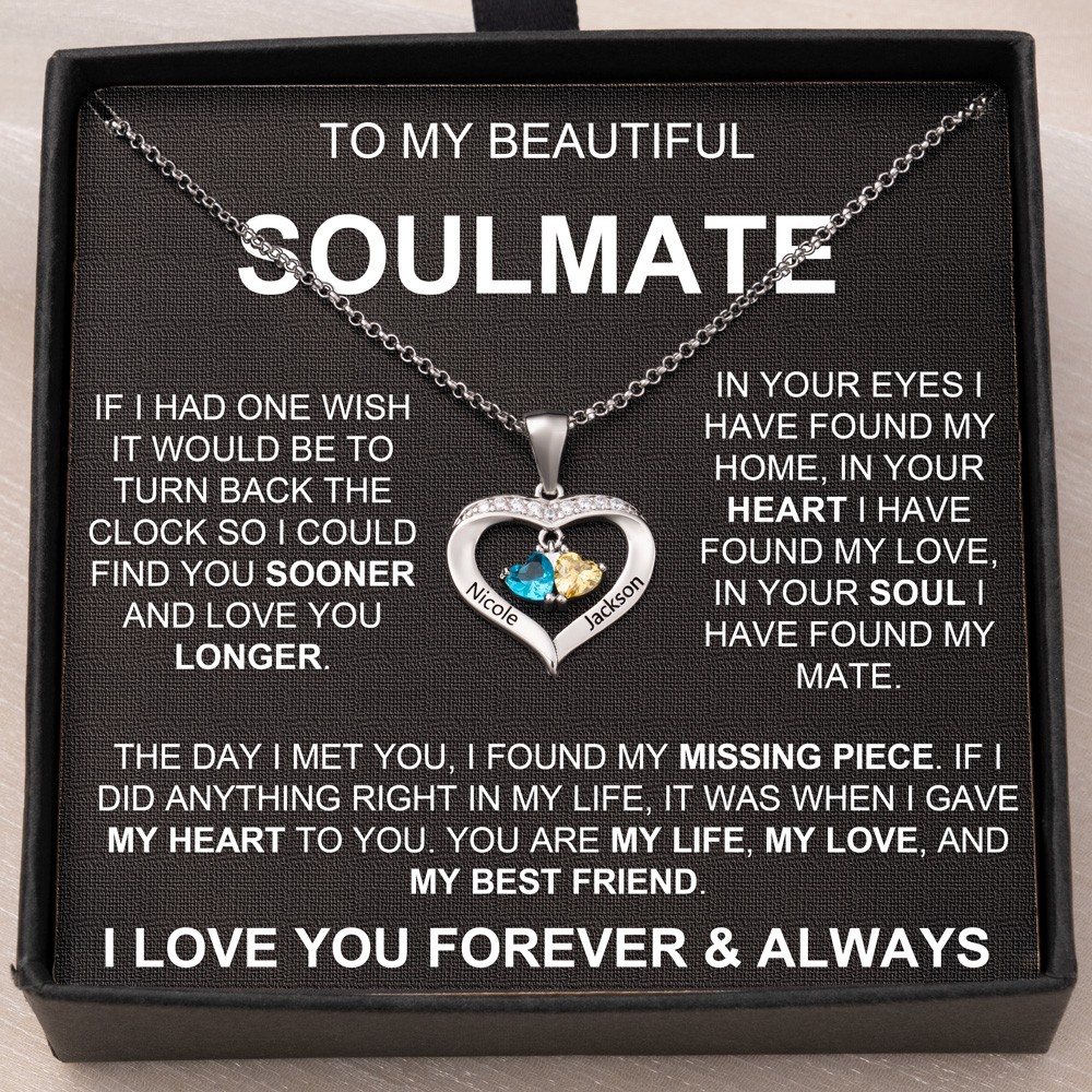 To My Soulmate Couple Heart Name Necklace with 2 Birthstones for Her Anniversary Gifts for Wife Valentine's Day Gifts
