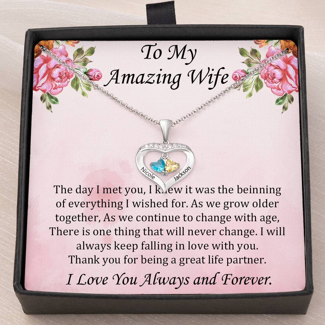 Personalised To My Wife Heart Shaped Name Birthstones Necklace Wedding Anniversary Gifts for Wife