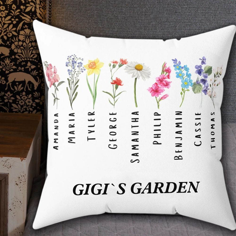 Personalised Birth Month Flower Nana Pillow with Kids Names Mother's Day Gift