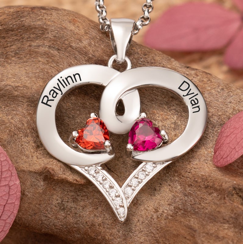 Personalised Name Birthstone Heart Shape Couple Necklace Anniversary Gifts For Wife Soulmate Girlfriend Her