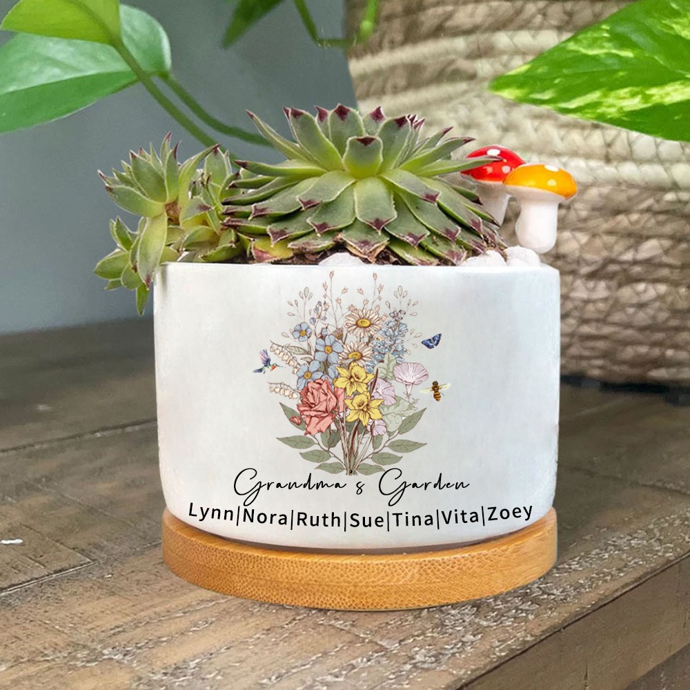 Personalised Grandma's Garden Birth Flower Bouquet Mini Succulent Plant Pots Love Gift For Mum Grandma Mother's Day Gift