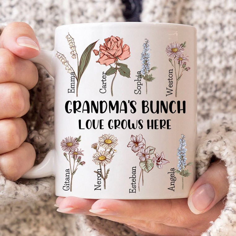 Personalised Grandma's Bunch Birth Flower Mug with Kids Names Gift Ideas for Mum Grandma