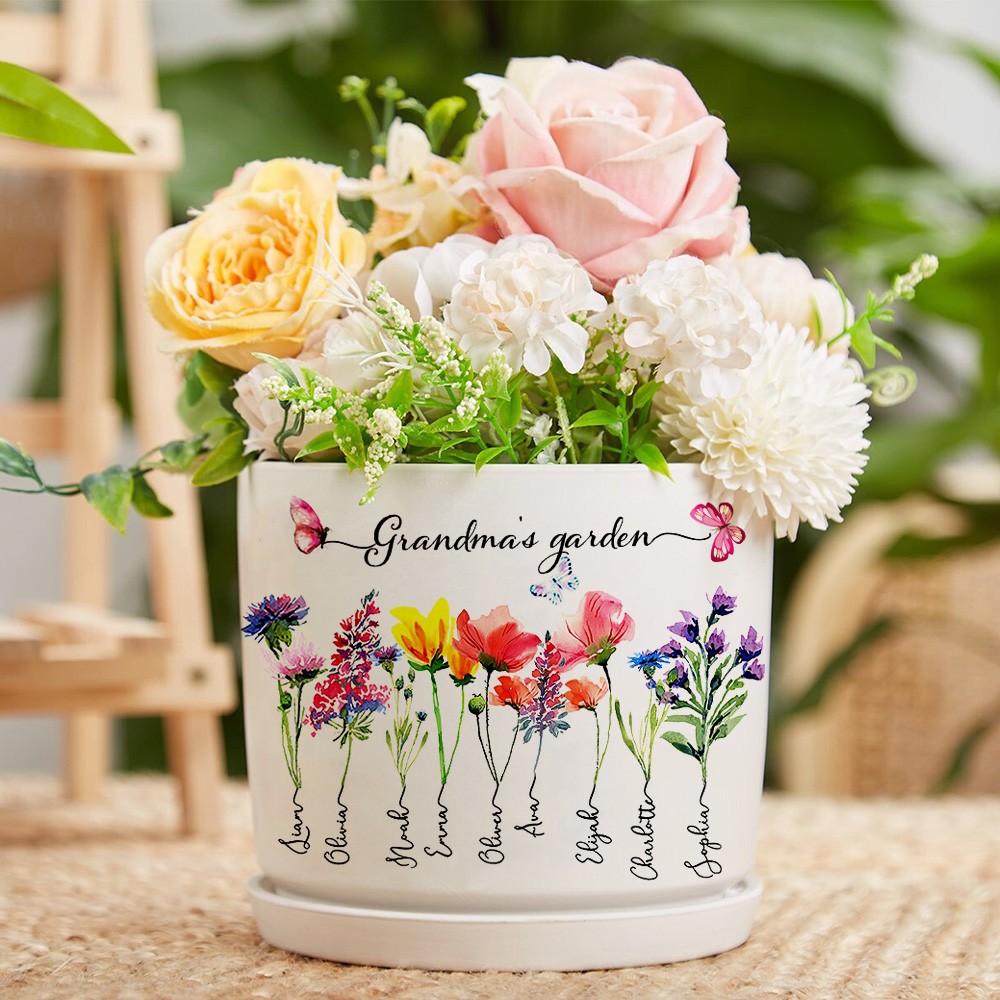 Custom Grandma's Garden Birth Flower Plant Pot with Grandkids Names For Christmas Gifts Birthday Gifts Great Gift Ideas for Grandma Mum