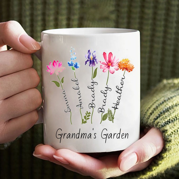 Custom Birth Flower Mug with Kids Names Grandma's Garden Gift Ideas Christmas Gifts for Mum Grandma