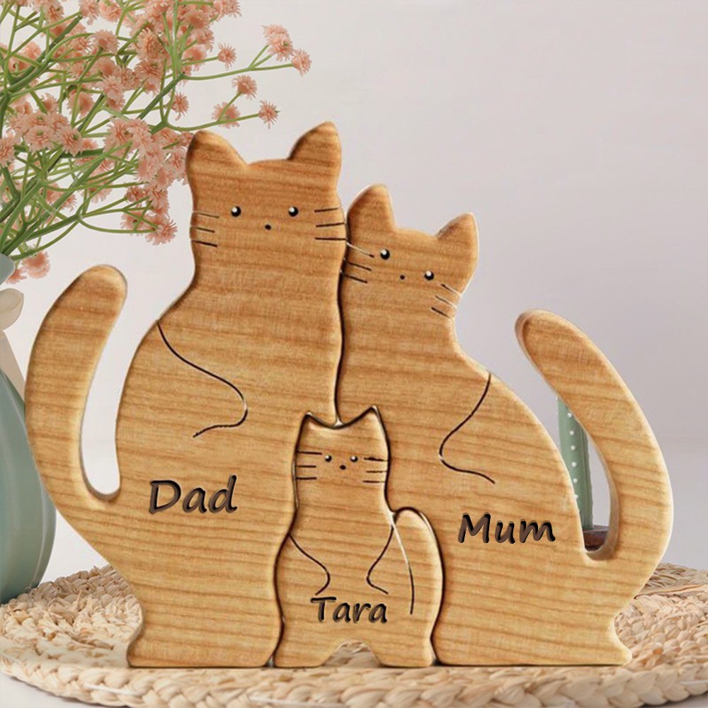 Personalised Wooden Cats Family Puzzle with Names Animal Figurines Family Keepsake Gifts For Mum Wife Her Pet Lover