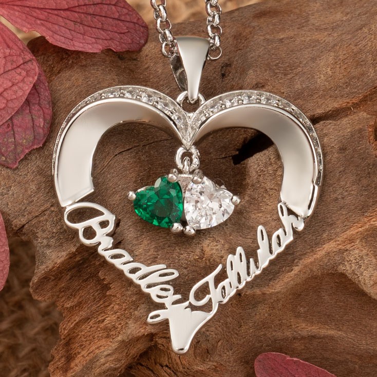 Personalised Heart 3D Names Necklace with Birthstone Designs Couple Necklace Gifts for Soulmate Girlfriend Anniversary Gifts for Wife