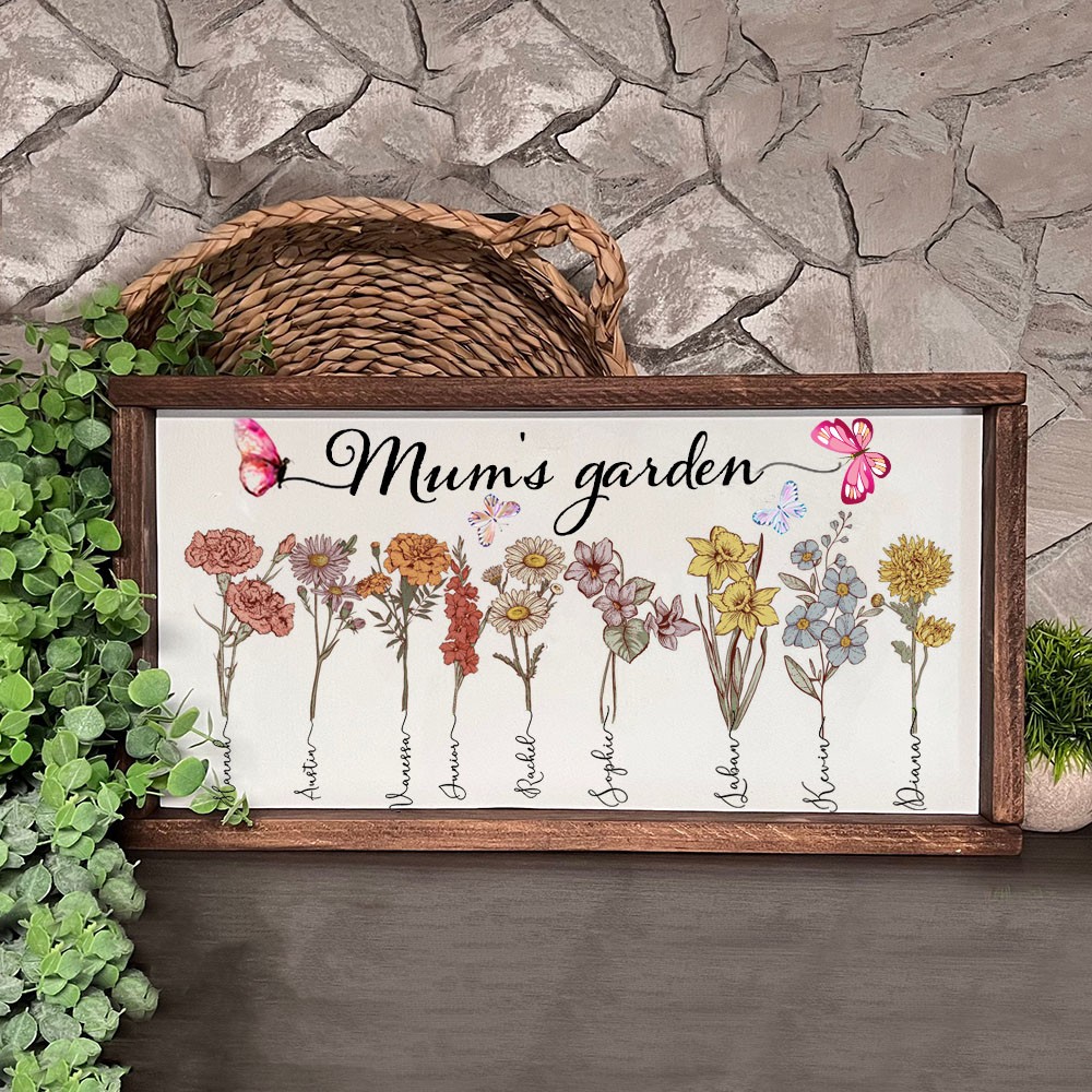 Personalised Mum's Garden Birth Flower Wooden Frame With Kids Names Unique Family Gift For Mum Grandma
