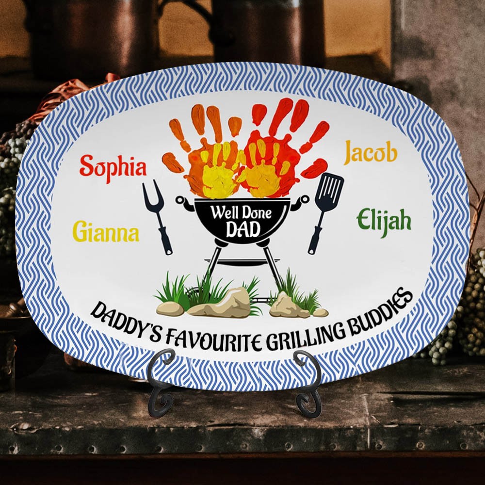 Personalised Daddy's Favorite Grilling Buddies Platter BBQ Handprint Plate for Dad