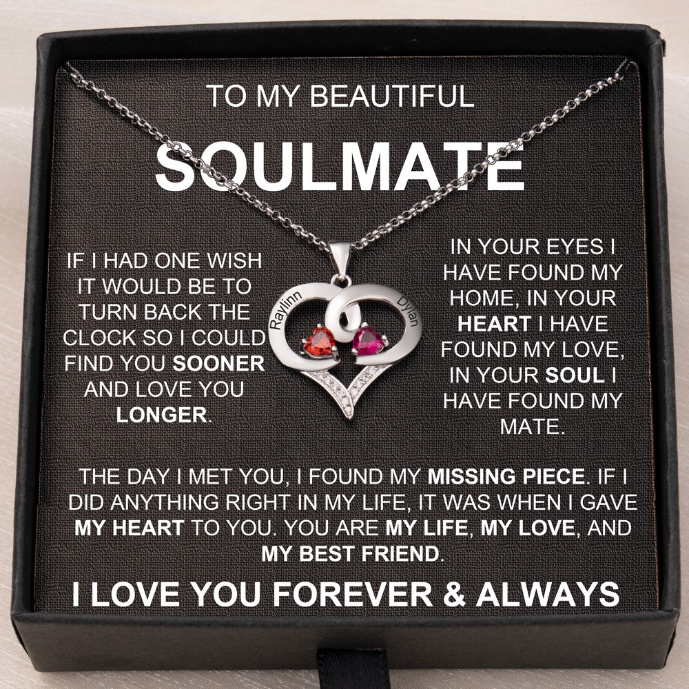 Personalised To My Soulmate 2 Names and Birthstones Necklace for Women Gifts for Soulmate Anniversary Gifts for Wife Christmas Gift Ideas