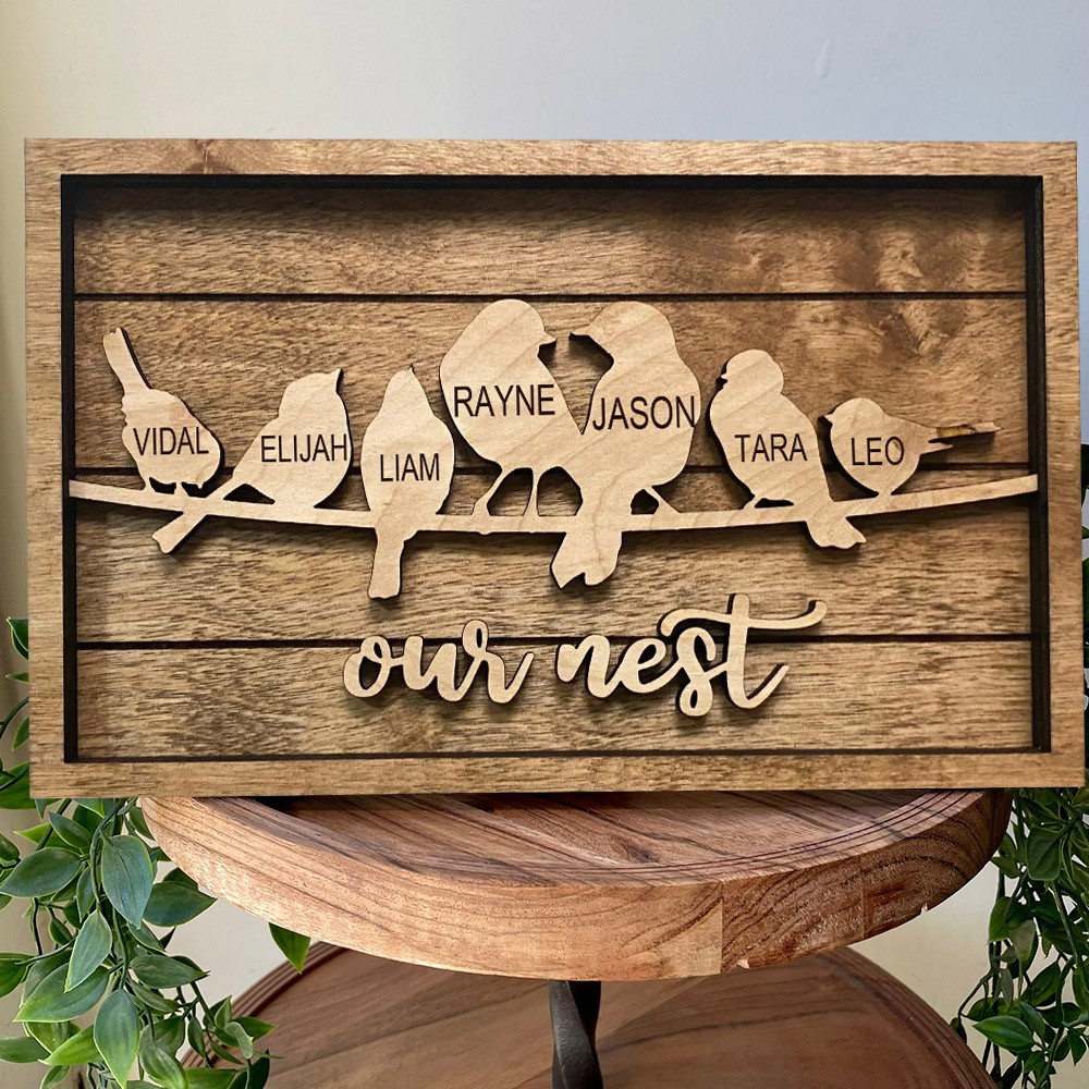 Personalised Our Nest Family Bird Frame Wood Family Sign with Kids Names Gift for Mum Grandma 