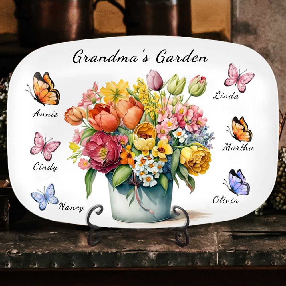 Custom Butterfly Grandma's Garden Plate With Grandkids Names Personalised Family Name Botanical Flowers Platter Christmas Gift Ideas