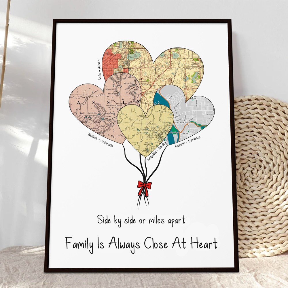 Personalised Long Distance Family Map Art Heart Balloons Map Frame Family Keepsake Anniversary Gifts For Mum Her