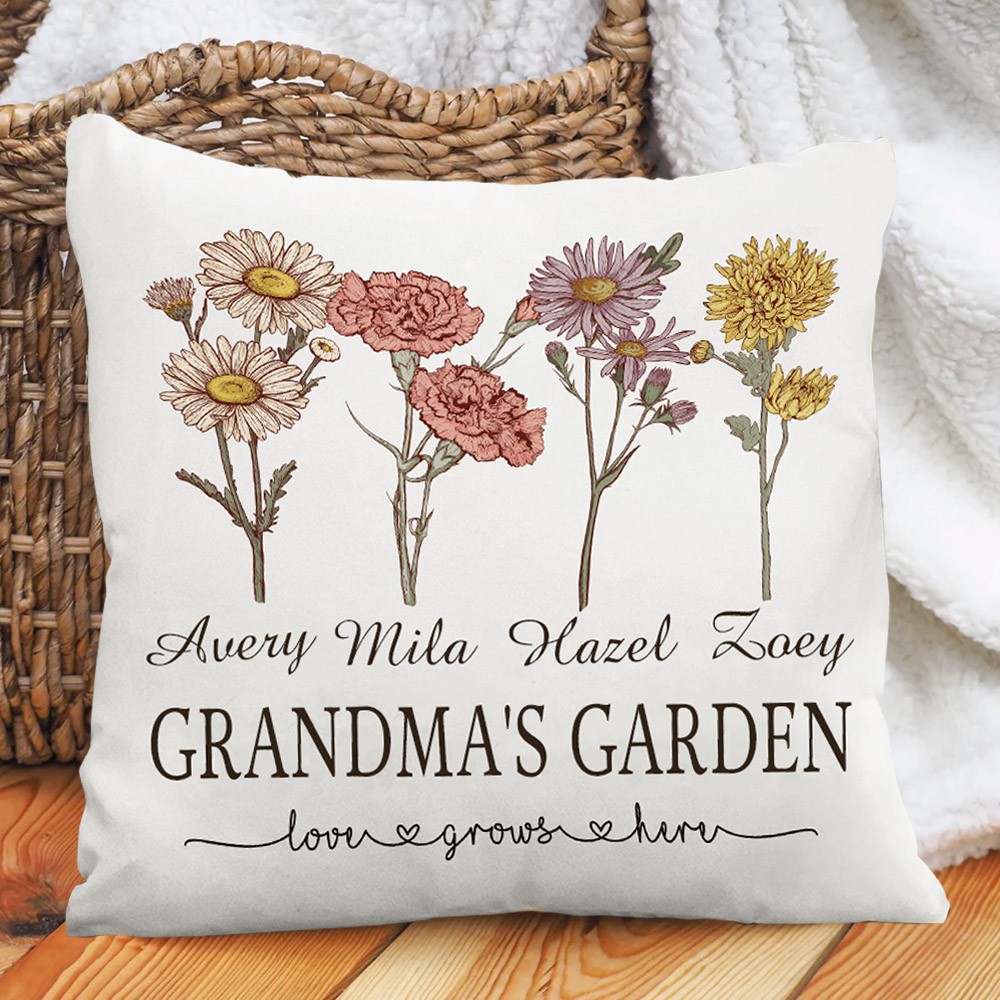 Custom Grandma's Garden Family Birth Flower Pillow Engraved with Names Gifts for Mum Grandma Mother's Day Gift 