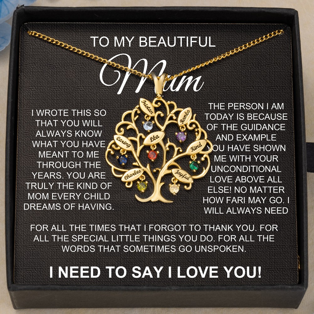 Personalised To My Beautiful Mum Tree of Life Family Necklace With Engraved Names And Birthstones  Unique Family Gift For Mum Grandma Mother's Day Gift Ideas Baby Shower Gift