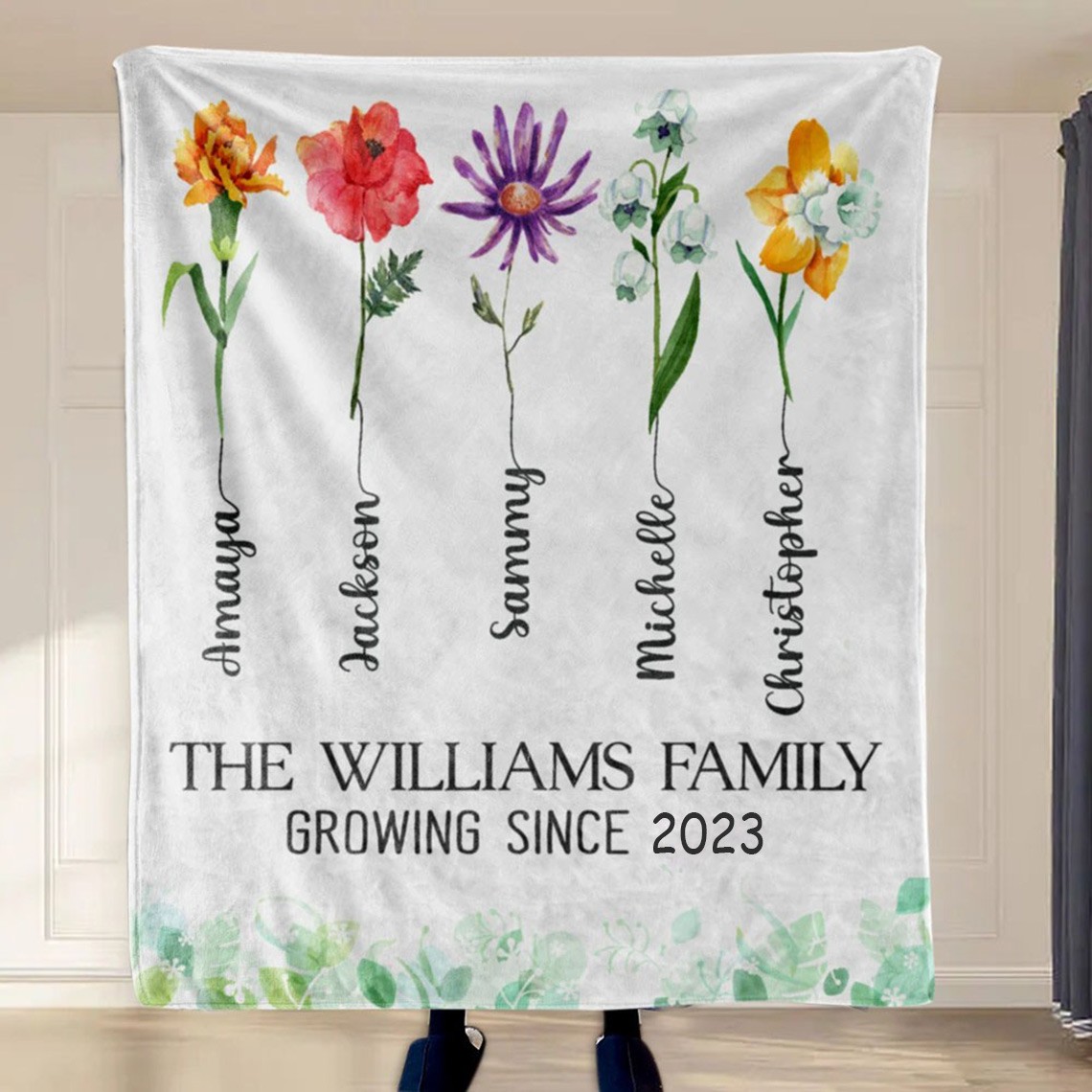 Birth Month Flower Sherpa or Fleece Blanket with Family Name Personalised Gift for Mum Grandma