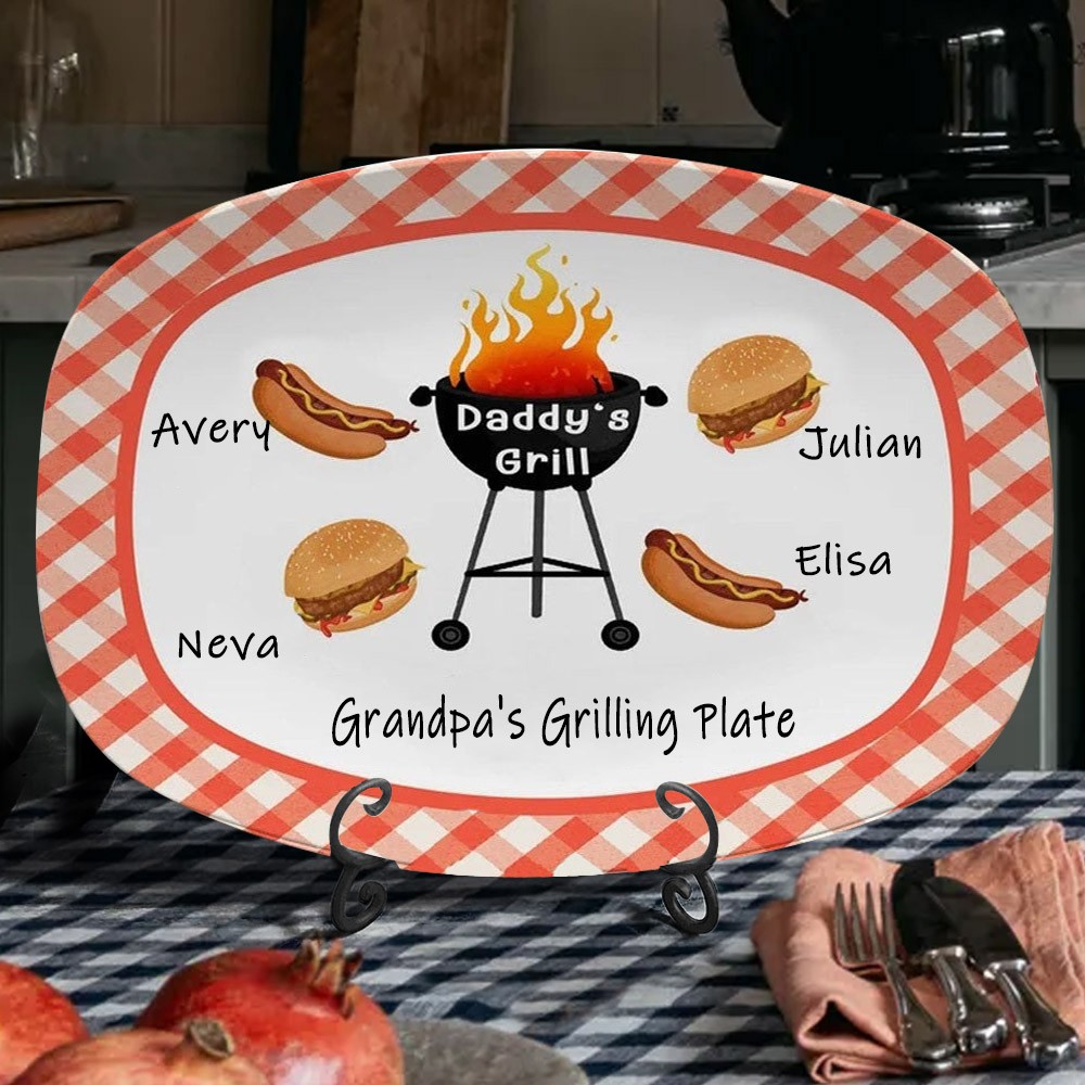 Personalised Burger Hot Dog Grandpa's Grilling Plate Custom Barbecue Platter For Dad, Grandpa Father's Day Gifts