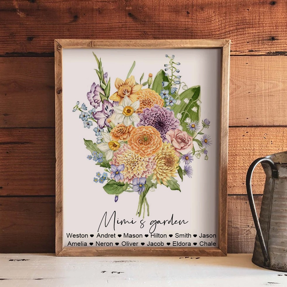 Personalised Mimi's Garden Birth Month Flowers Bouquet Names Art Print Gifts For Grandma Mum Wife Her
