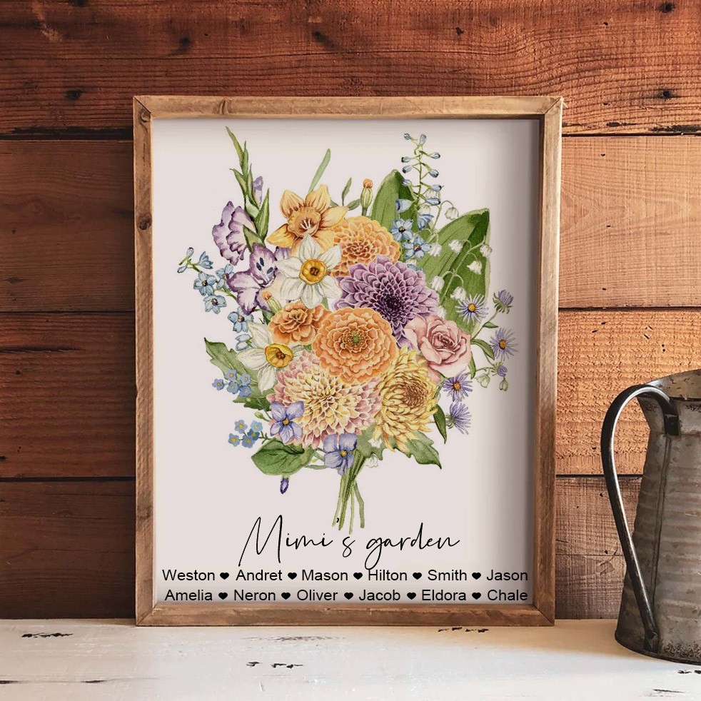 Custom Mimi's Garden Birth Month Flowers Bouquet Art Print with Kids Names Gifts for Grandma Mimi Christmas Gifts for Mum