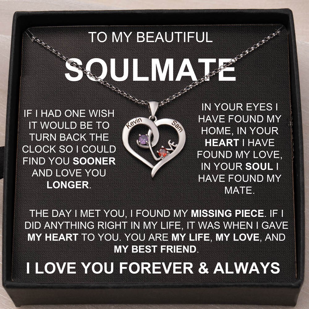 Personalised To My Soulmate Heart Shaped Couple Necklace With Engraved Names and Birthstones Design Unique Gift For Girlfriend Birthday Gift For Wife Valentine's Day Gift For Lover