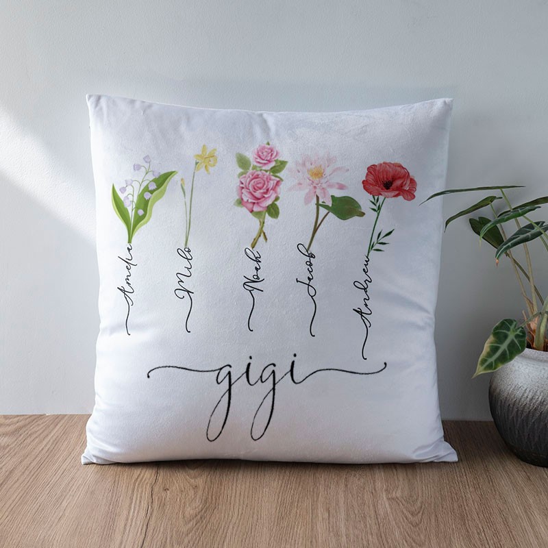 Personalised Birth Month Flower Gigi Pillow with Kids Names Mother's Day Gift